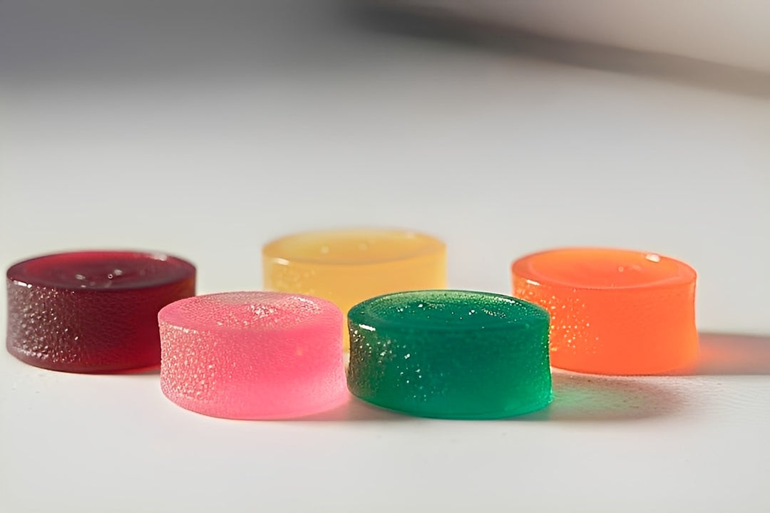 Five colorful gummy bears on a light surface