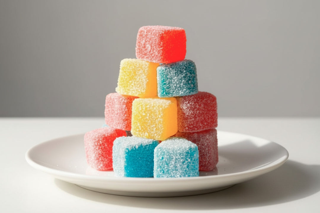 CBD gummy hearts stacked in a colorful display showcasing premium wellness edibles from Cool Canna