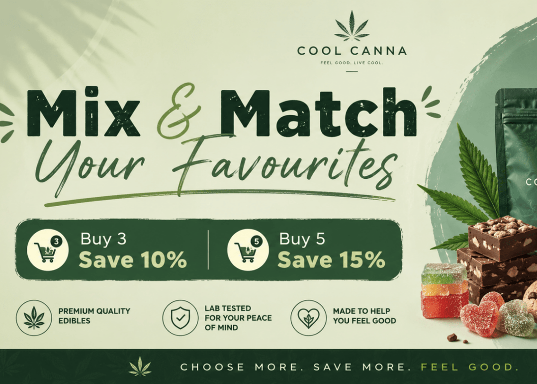 Promotional graphic for Cool Canna with text and product images on a light green background.