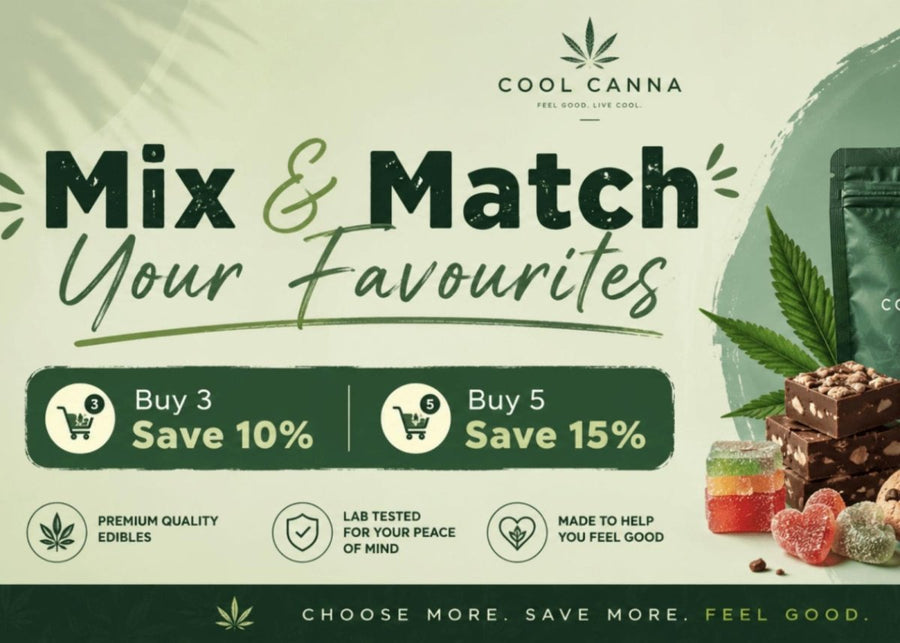 Promotional banner for Cool Canna with product packaging and snacks on a green background